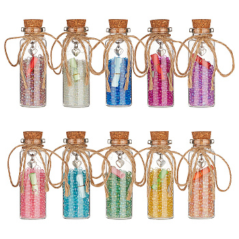 Cork Glass Wishing Bottle for Pendant Decoration, with Glass Beads and Paper Slip Rolls Inside, Alloy Charm, Mixed Color, 22x67mm