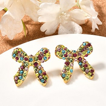 304 Stainless Steel Bowknot Stud Earrings, with Rhinestone, Colorful, 29~30x29~30mm