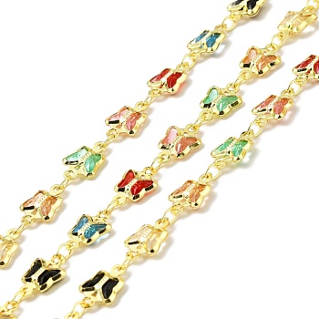 Handmade Eco-friendly Brass Butterfly Link Chain, with Glass, Long-Lasting Plated, Golden, Soldered, with Spool, Colorful, 11x7x2mm