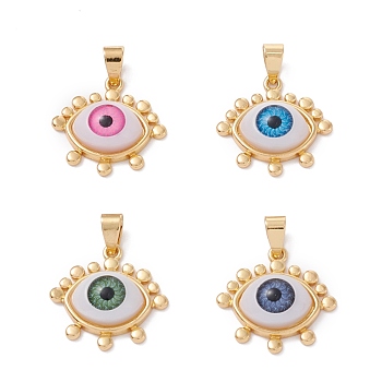 Brass Pendant, with Resin Eye Cabochons, Long-Lasting Plated, Real 18K Gold Plated, Mixed Color, 21.5x22x7mm, Hole: 6x3.5mm