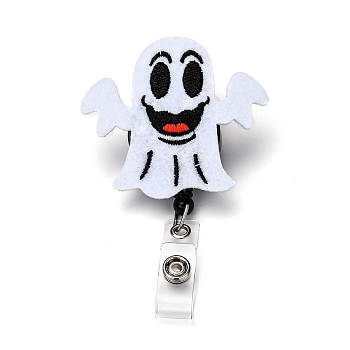 Halloween Ghost Felt & ABS Plastic Badge Reel, Retractable Badge Holder, with Iron Alligator Clip, Platinum, White, 10cm, Ghost: 62x64.5x24mm