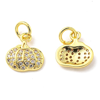 Rack Plating Brass Micro Pave Clear Cubic Zirconia Charms, with Jump Ring, Pumpkin Charm, Real 18K Gold Plated, 11x10x2mm, Hole: 3.2mm