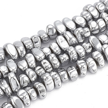 Electroplate Non-magnetic Synthetic Hematite Beads Strands, Chips, Platinum Plated, 5~10x4.5~5.5x4mm, Hole: 1mm, about 105pcs/strand, 14.9 inch