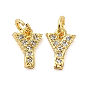 Brass Micro Pave Cubic Zirconia Pendants, with Jump Ring, Letter Y, 8x5.5x1.5mm, Hole: 3.6mm