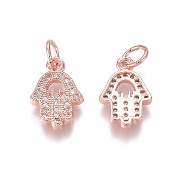 Brass Micro Pave Clear Cubic Zirconia Charms, with Jump Rings, Hamsa Hand/Hand of Fatima /Hand of Miriam, Rose Gold, 13x9x2mm, Jump Ring: 5x0.7mm, Inner Diameter: 3.6mm