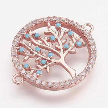 Brass Micro Pave Cubic Zirconia Links, Flat Round with Tree of Life, Rose Gold, 24x19x2mm, Hole: 1mm