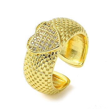 Brass Micro Pave Cubic Zirconia Open Cuff Ring, Heart, Real 16K Gold Plated, US Size 7 1/2(17.5mm)