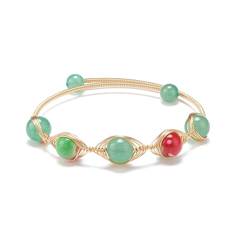Natural Green Aventurine & Resin Round Beaded Cuff Bangle, Copper Wire Wrapped Jewelry for Women, Light Gold, Inner Diameter: 2-1/8 inch(5.4cm)