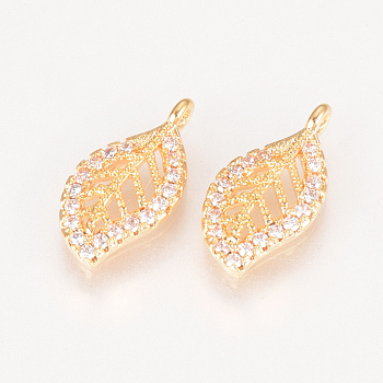 Brass Micro Pave Cubic Zirconia Charms, Leaf, Nickel Free, Real 18K Gold Plated, 14.5x7.5x2mm, Hole: 1mm