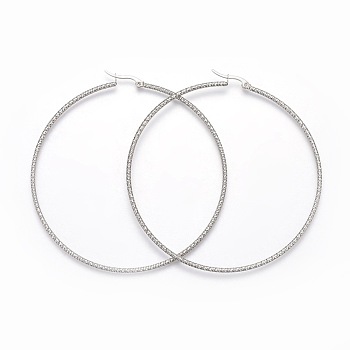 304 Stainless Steel Big Hoop Earrings, Hypoallergenic Earrings, Textured Ring Shape, Stainless Steel Color, 12 Gauge, 79x76x2mm, Pin: 1mm