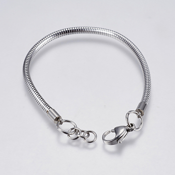 304 Stainless Steel Round Snake Chain Bracelet Making, with Lobster Claw Clasps, Stainless Steel Color, 7-3/8 inch(18.9cm), 3mm, Hole: 4mm