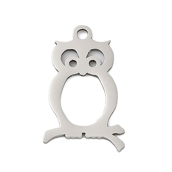 201 Stainless Steel Pendants, Owl Charms, Stainless Steel Color, 17x10.5x1mm, Hole: 1.4mm