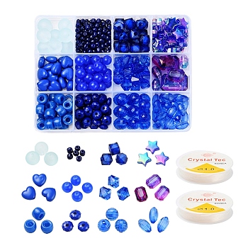 DIY Blue Series Bracelet Jewelry Making Kits, 232Pcs Heart & Geometry Plastic & Acrylic Beads, Glass Seed Beads and Elastic Stretch Thread, Mixed Color, Beads: 232pcs/box
