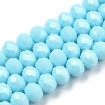 Electroplate Glass Beads Strands, Pearl Luster Plated, Faceted, Rondelle, Light Sky Blue, 8x6mm, Hole: 1~1.4mm, about 63~65pcs/strand, 39~40cm