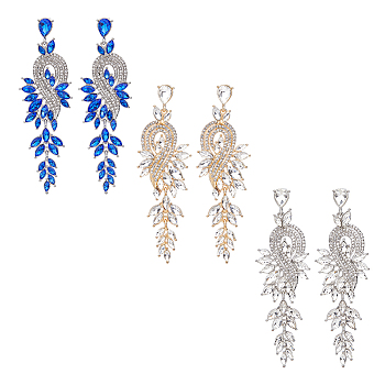 3 Pairs 3 Colors Sparkling Rhinestone Leafy Branch Dangle Stud Earrings, Alloy Long Drop Earrings for Women, Mixed Color, 95x30mm, 1 Pair/color