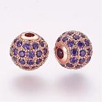 Brass Micro Pave Cubic Zirconia Beads, Round, Purple, 8x7.5mm, Hole: 1.8mm(ZIRC-F054-15RG-01)