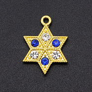 Alloy Rhinestone Pendants, Hexagram, Golden, Sapphire & Crystal, 17.5x13x2.5mm, Hole: 1.2mm(PALLOY-S098-DA015-1)