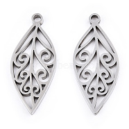 304 Stainless Steel Pendants, Laser Cut, Leaf Charm, Stainless Steel Color, 25x10.5x1.5mm, Hole: 1.6mm(X-STAS-T063-207P)