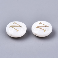 Natural Freshwater Shell Beads, with Golden Plated Brass Etched Metal Embellishments, Flat Round, Seashell Color, Letter.N, 8x3~5mm, Hole: 0.5~07mm(SHEL-S266-12N)
