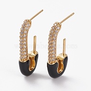 Brass Micro Pave Clear Cubic Zirconia Half Hoop Earrings, Stud Earrings, with Enamel, Long-Lasting Plated, Safety Pin, Black, 24.5x11x3.5mm, Pin: 0.7mm(EJEW-C502-06G-B)