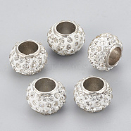 Handmade Alloy Polymer Clay Rhinestone Beads, Large Hole Beads, Rondelle, Platinum, Crystal, 13x9mm, Hole: 6.5mm(X-RB-S049-09)