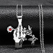 304 Stainless Steel Pendant Necklaces, Rose with Hand, Stainless Steel Color, 19.53 inch(49.6cm)(NJEW-G123-03P)