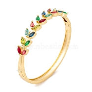 Brass Pave Colorful Cubic Zirconia Hinged Bangles for Women, Real 18K Gold Plated, Leaf, Inner Diameter: 2-3/8 inch(6cm), 9mm(BJEW-S147-33G-C)