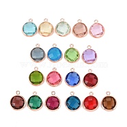 Glass Charms, with Rose Gold Plated Brass Findings, Long-Lasting Plated, Lead Free & Nickel Free & Cadmium Free, Faceted Flat Round, Mixed Color, 7x4x1.8mm, Hole: 0.8mm(KK-C228-02RG-M3)