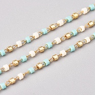 3.28 Feet Handmade Glass Seed Beaded Chains, with Stainless Steel Cable Chains, Unwelded, Turquoise, Golden, 1x0.9mm(X-CHS-G012-03G)