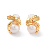 Natural Pearl Stud Earrings for Women, Rabbit Sterling Silver Ear Stud, Real 18K Gold Plated, 12.5~13x10mm(EJEW-E303-15G)