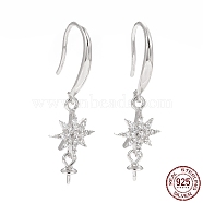 Rhodium Plated 925 Sterling Silver Earring Hooks, with Clear Cubic Zirconia, Star, for Half Drilled Beads, Platinum, 29mm, 21 Gauge, Pin: 0.7mm and 0.6mm, Tray: 6x3mm(STER-D035-29P)