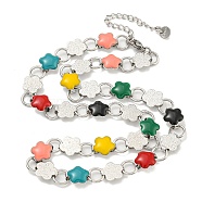 304 Stainless Steel Enamel Flower Link Chain Necklaces, Stainless Steel Color, Colorful, 16.54 inch(42cm)(NJEW-S431-05P-02)