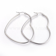 201 Stainless Steel Hoop Earrings, with 304 Stainless Steel Pin, Hypoallergenic Earrings, Heart, Stainless Steel Color, 66~68x57~59x2mm, 12 Gauge, Pin: 1mm(EJEW-A052-09C)