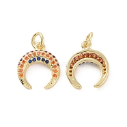 Brass Micro Pave Colorful Cubic Zirconia Charms, with Jump Ring, Double Horn/Crescent Moon, Real 18K Gold Plated, 14x12x3mm, Hole: 3.2mm(KK-E068-VF175)
