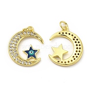 Brass Micro Pave Cubic Zirconia Pendants, with Jump Ring, with Enamel Evil Eye, Moon & Star Charm, Golden, 21x17x2.5mm, Hole: 2.5mm(KK-E068-VB423)