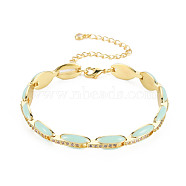 Brass Micro Pave Cubic Zirconia Link Chain Bracelet for Women, Enamel Oval Bracelets, Nickel Free, Real 18K Gold Plated, Aqua, 6-7/8 inch(17.5cm), 7mm(BJEW-T020-05G-05)