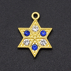 Alloy Rhinestone Pendants, Hexagram, Golden, Sapphire & Crystal, 17.5x13x2.5mm, Hole: 1.2mm(PALLOY-S098-DA015-1)