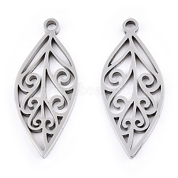 304 Stainless Steel Pendants, Laser Cut, Leaf Charm, Stainless Steel Color, 25x10.5x1.5mm, Hole: 1.6mm(X-STAS-T063-207P)