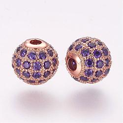 Brass Micro Pave Cubic Zirconia Beads, Round, Purple, 8x7.5mm, Hole: 1.8mm(ZIRC-F054-15RG-01)