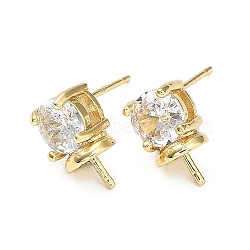 Brass Cubic Zirconia Stud Earring Findings, for Half Drilled Beads, Flat Round, Real 18K Gold Plated, 6mm, Pin: 0.9mm and 1mm(ZIRC-Q204-05G)