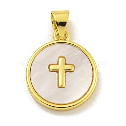 Rack Plating Brass Pave Nature Shell Cross Pendants, Flat Round Charms, Long-Lasting Plated, Lead Free & Cadmium Free, Real 18K Gold Plated, 16.5x13.5x2mm, Hole: 4x3mm(KK-C074-34G)