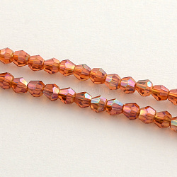 Electroplate Glass Bead Strands, Rainbow Plated, Faceted Bicone, Orange Red, 4x4.5mm, Hole: 1mm, 92~96pcs/strand, 13.78~14.37 inch(X-EGLA-R094-4mm-11)