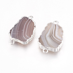 Natural Agate Links connectors, with Brass Findings, Nuggets, Silver Color Plated, 20~26x12~16x3~3.5mm, Hole: 1.5mm(G-E493-H02-S)