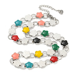 304 Stainless Steel Enamel Flower Link Chain Necklaces, Stainless Steel Color, Colorful, 16.54 inch(42cm)(NJEW-S431-05P-02)