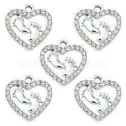Alloy Rhinestone Pendants, Platinum Tone Hollow Out Heart with Footprint Charms, Crystal, 18x17.5x2.4mm, Hole: 2mm(ALRI-YW0001-03)