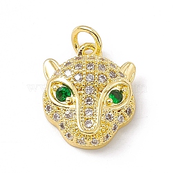 Brass Micro Pave Cubic Zirconia Pendants, Leopard/Cheetah Head Charm, Golden, 15.5x12.5x5mm, Hole: 3mm(KK-P224-05G)