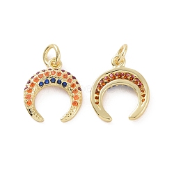 Brass Micro Pave Colorful Cubic Zirconia Charms, with Jump Ring, Double Horn/Crescent Moon, Real 18K Gold Plated, 14x12x3mm, Hole: 3.2mm(KK-E068-VF175)