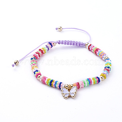 Adjustable Nylon Cord Braided Bead Bracelets, with Polymer Clay Heishi Beads, Alloy Enamel Charms and Real 18K Gold Plated Brass Beads, Butterfly, Lilac, 1-7/8 inch~3-1/8 inch(4.9~8.1cm)(BJEW-JB05100-04)