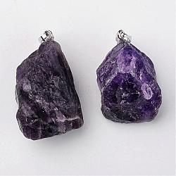 Natural Amethyst Pendants, Nuggets, with Brass Findings, Platinum, 26~42x20~26x14~22mm, Hole: 5x8mm(G-G884-A08)