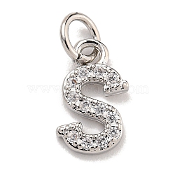 Initial Letter Brass with Cubic Zirconia Charms, Platinum, Long-Lasting Plated, Lead Free & Cadmium Free, Letter S, 11x7.5x1.5mm, ring: 5x1mm, inner diameter: 3mm(KK-Q814-26S-P)